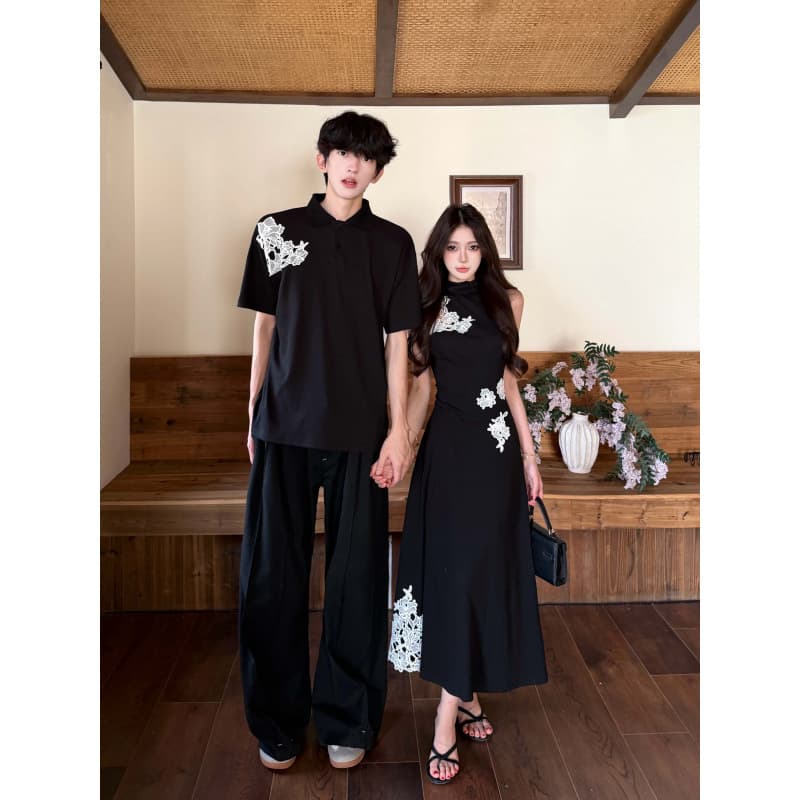 Actual photo of Ink Frost Flower, new Chinese-style vintage waist-cinching dress for women, summer one-dress-one-skirt couple outfit