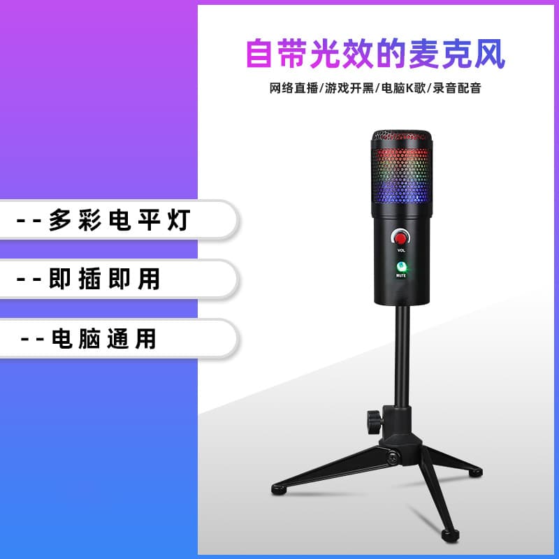 New USB Plug-and-Play Microphone with Silent RGB Level Lights, Stand, Fill Light, Live Streaming Condenser Mic