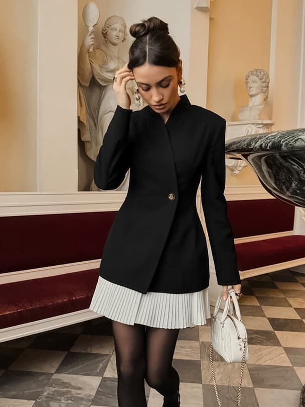 American Retro Contrast Color Patchwork Mid-Length Blazer for Women 2026 Spring Designer V-Neck Small Suit Jacket Women's Wear