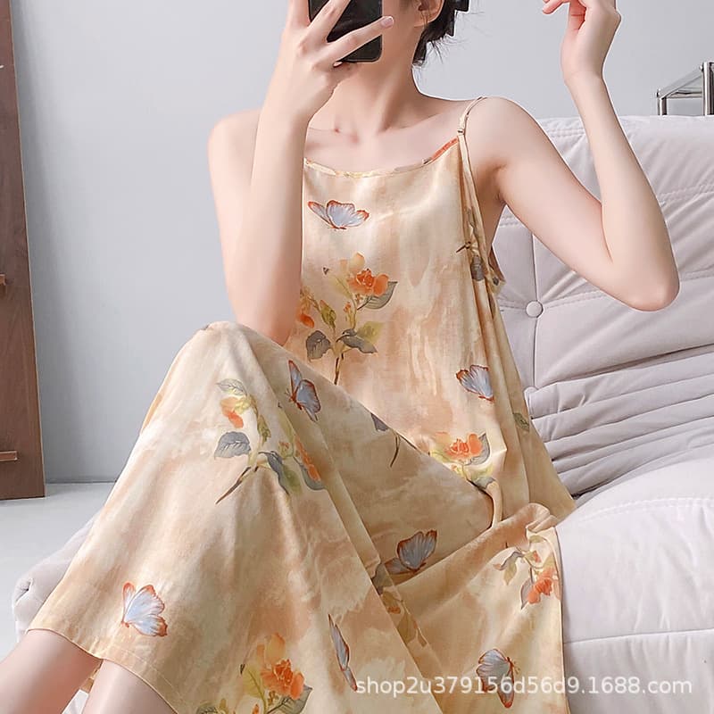 Women's Cotton Silk Nightgown Summer Printed Thin Rayon Camisole Long Dress, Wearable Outdoors, Beach Vacation Premium Sense Dress