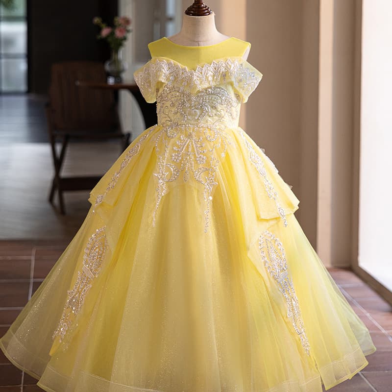 2026 New One-Year-Old Birthday Dress for Baby Girl Princess Gown Flower Girl Wedding Little Girl Yellow Children's Dress Wholesale