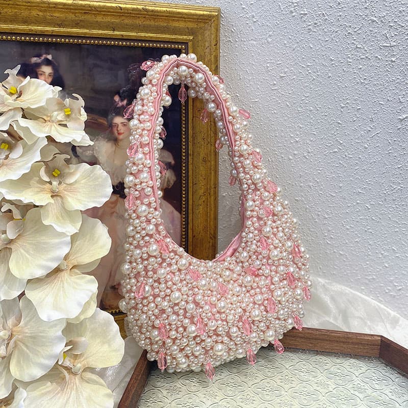 Gentle and sweet hand-woven beaded crystal pearl bag hollow cute women's bag Japanese and Korean small fresh handbag