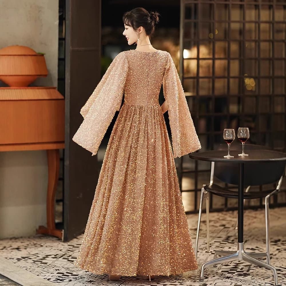 Gold Evening Dress Women High-End Elegant Banquet Light Luxury Unique Sequined Long Gown for Host Performance