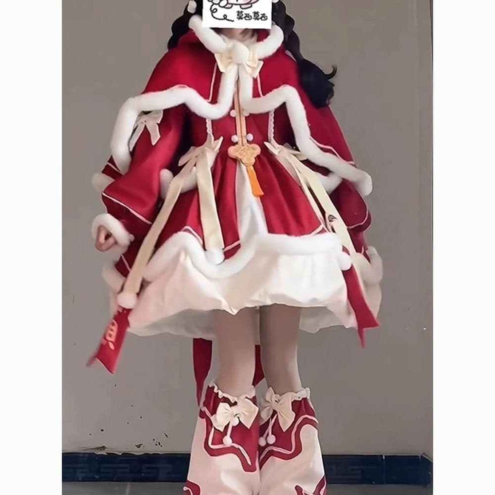 Bubble Bear Original Design New Year Little Fortune Beast Lolita Dress, Red Long-Sleeve Dress Set