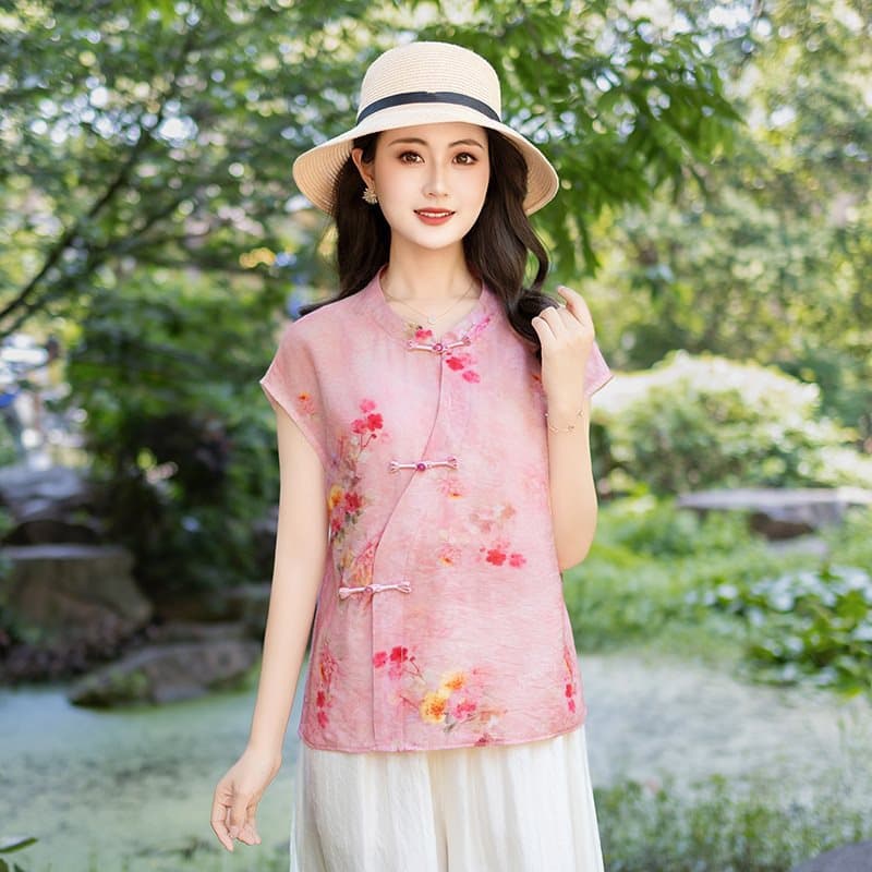 Vintage New Chinese Style National Wind Button Print Sleeveless Casual Shirt Women's Summer New Literary Zen Tea Dress
