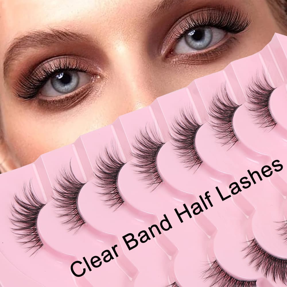 Cross-border EU/US 7-Pair Half-Faux Mink Cat Eye Transparent Stem Lash Extension Natural Half Eye False Lashes One-Piece Style