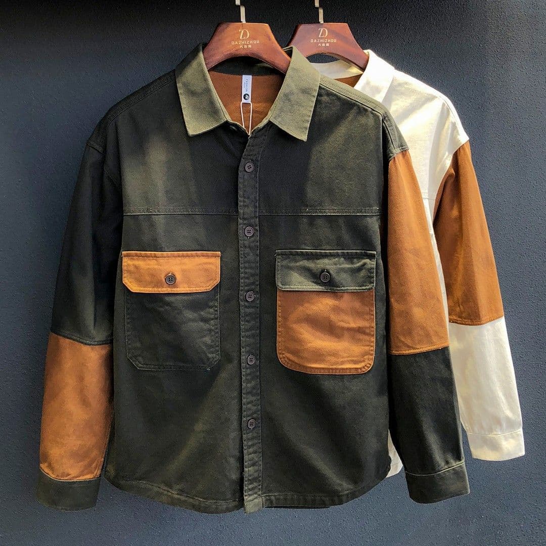 Long Sleeve Shirt 2025 Spring Autumn Retro American Casual Fashion Contrast Color Work Shirt Men's