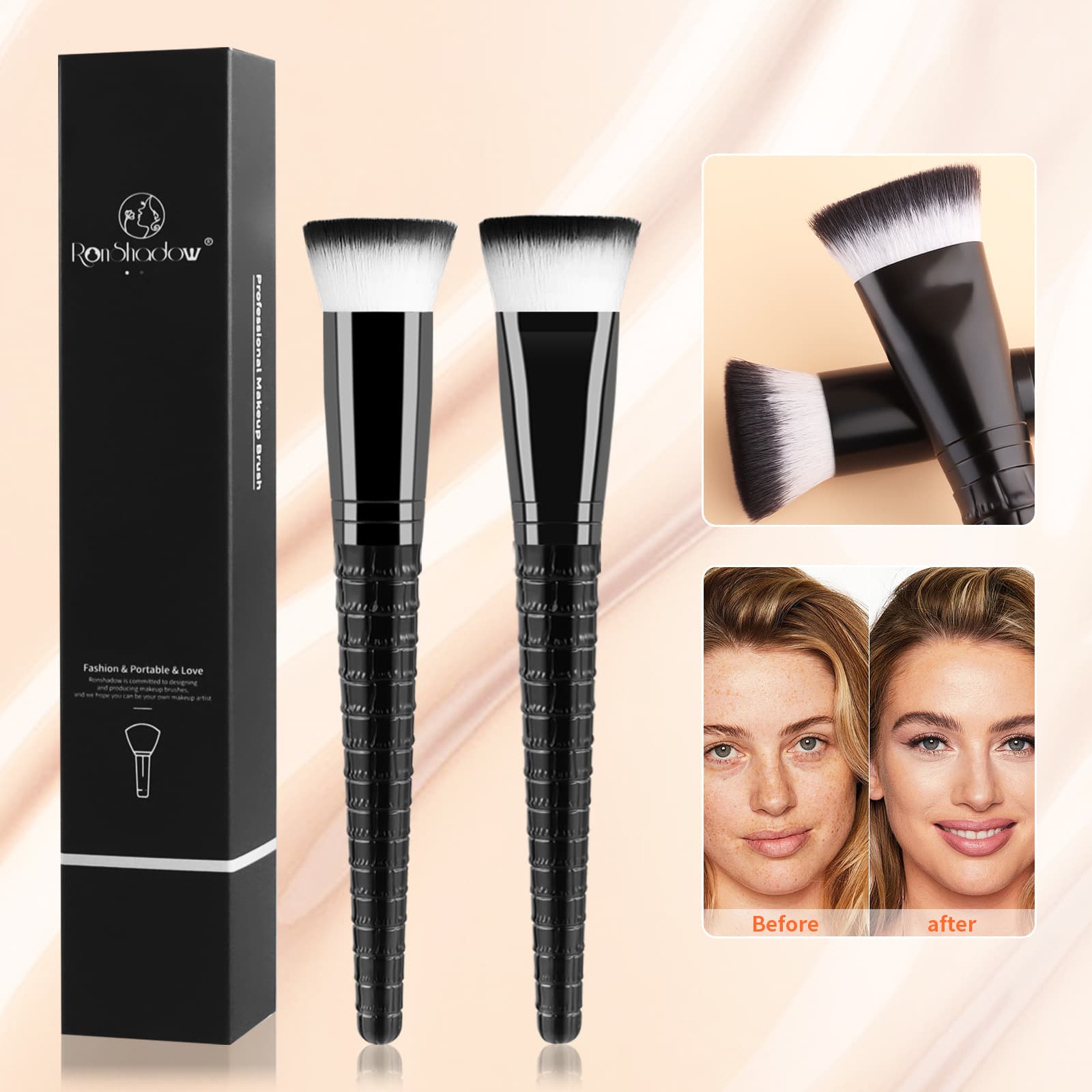 Crocodile Texture Handle 2-Piece Flat Top Makeup Brush - Soft Bristles, Streak-Free Foundation Brush - Even Application Base Makeup Tool Gift Set