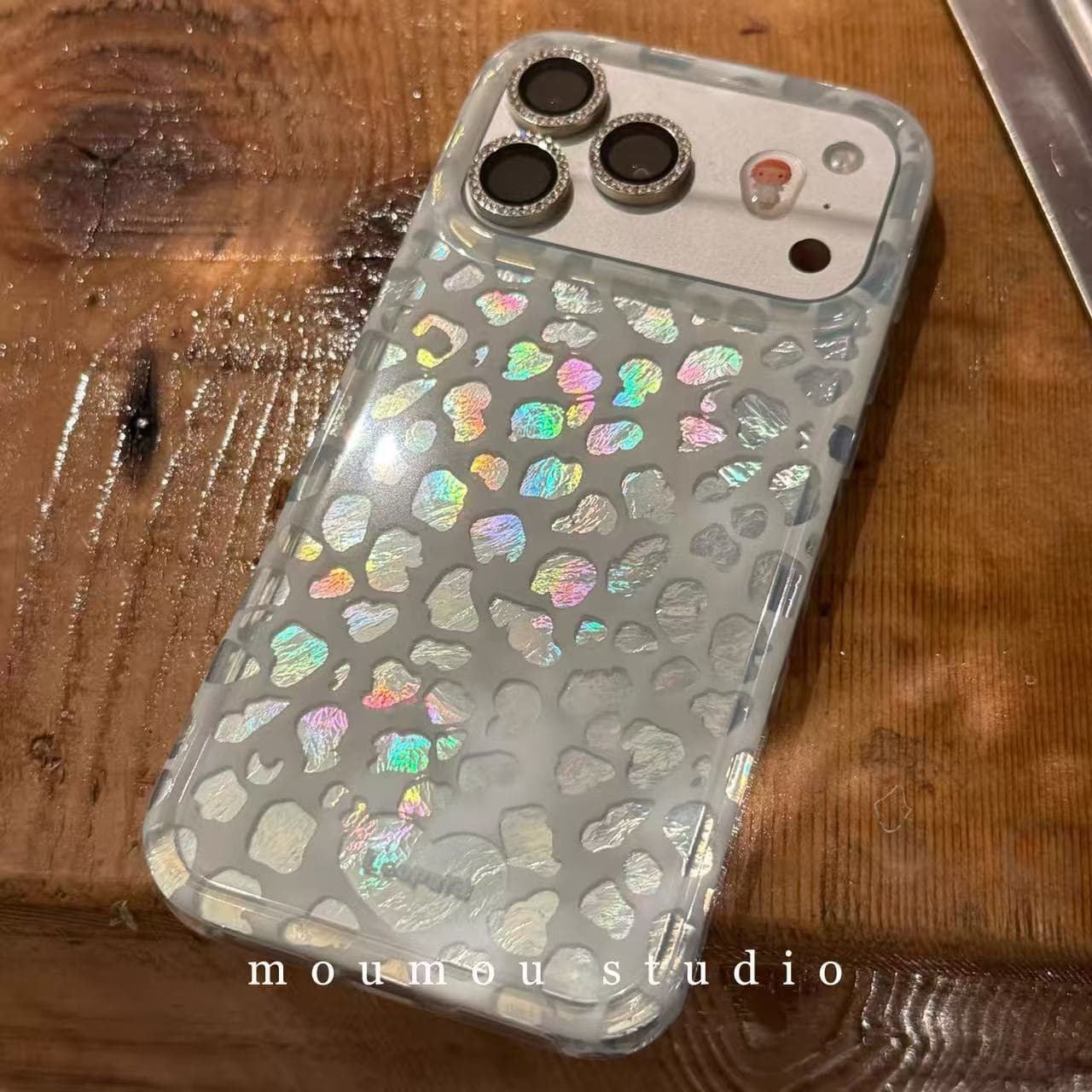 Korean-style silver laser leopard print case for iPhone 17 Pro Max, Apple 16 Pro, 15 Pro trendy