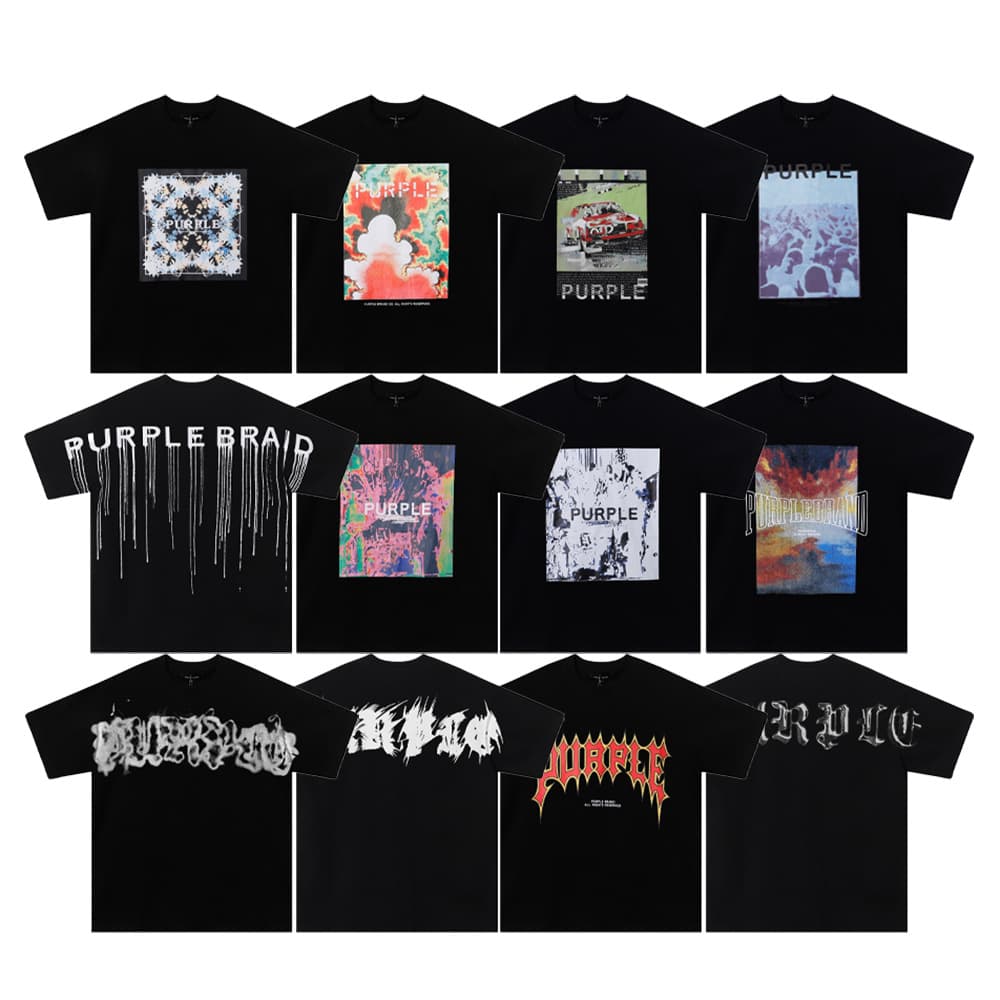 260g European and American trendy brand Purple ink smoke letter print short sleeve T-shirt unisex American high street half sleeve