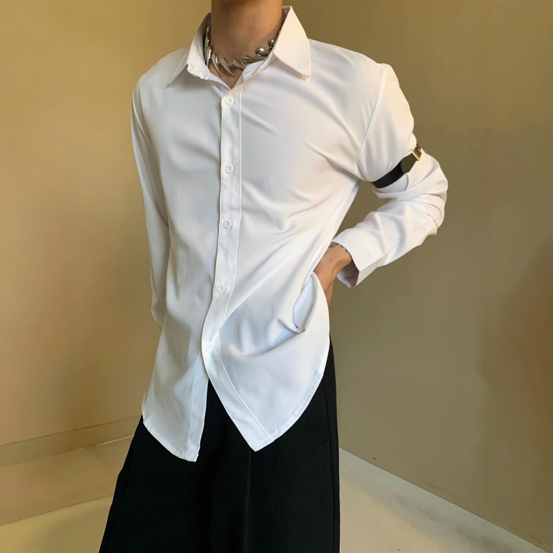 American casual abstinence solid color shirt men's spring and autumn high-end long-sleeved elegant drape shirt bottoming shirt