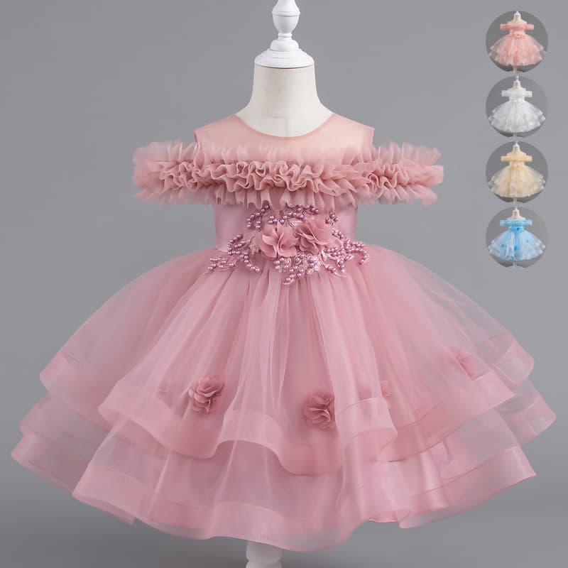 Girls 1st Birthday Party Dress Summer Floral Princess Skirt Performance Gown Puffy One-Shoulder Dress Children's Performance