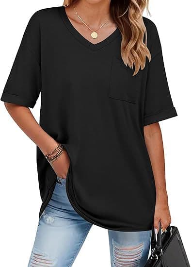 2025 Spring/Summer Amazon Fashion Versatile Women's V-Neck Pocket T-Shirt Short Sleeve Loose Top