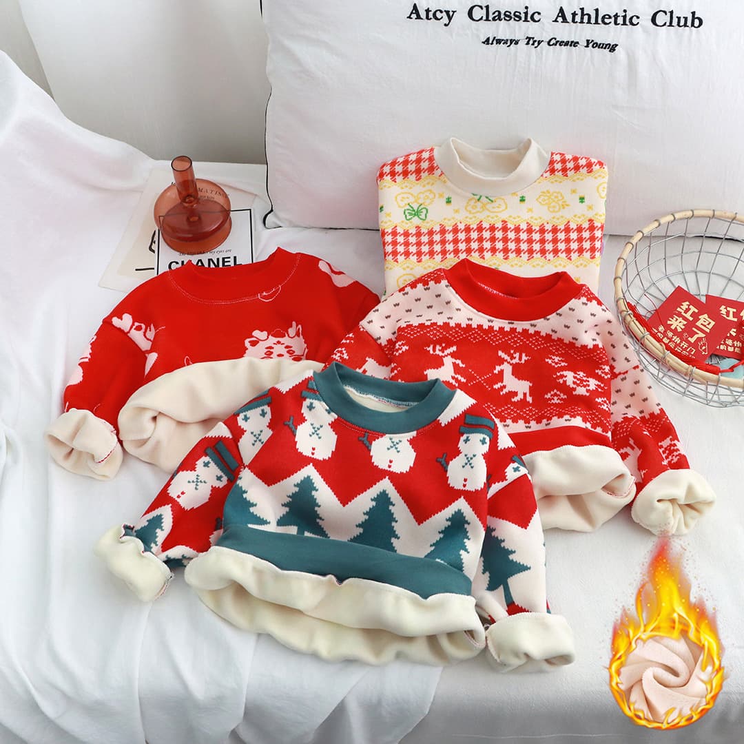 Children's fleece-lined T-shirt autumn and winter boys thick baby sweater clothes girls warm sweater children's clothing wholesale