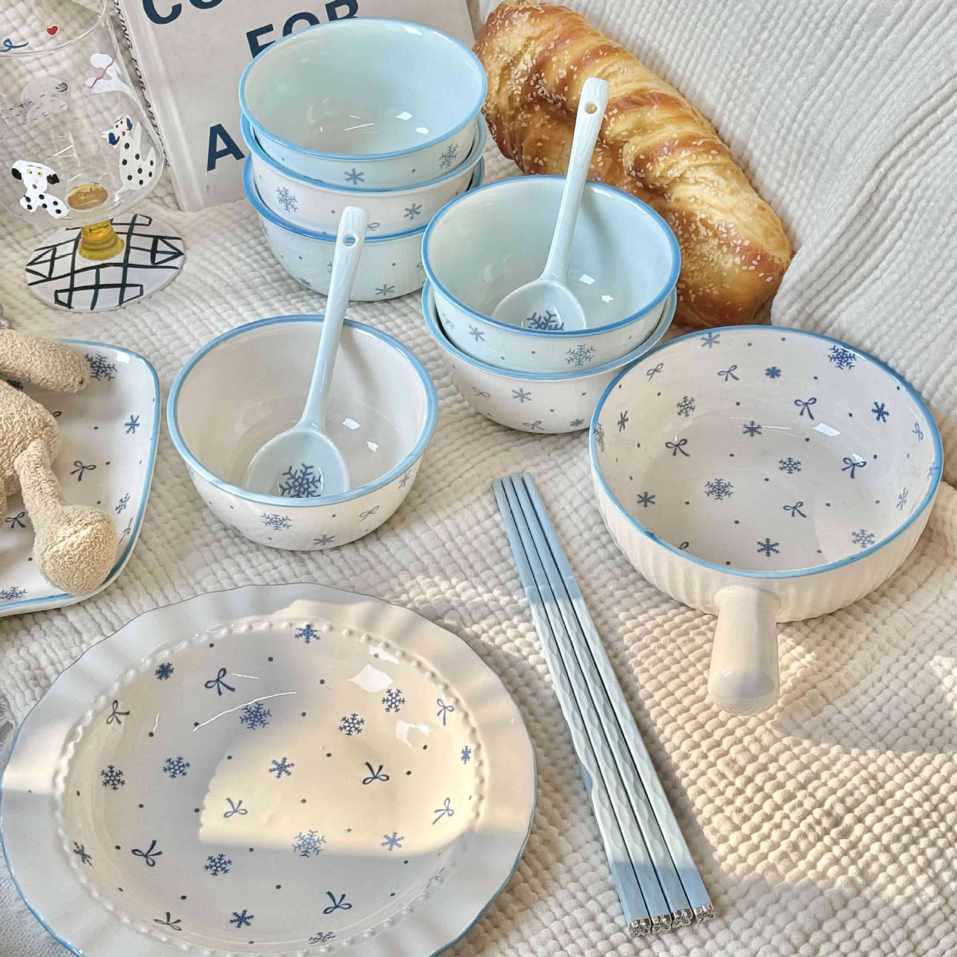 First Snow Ceramic Bowl Set 2025 New High Appearance Bowl Set for One Person, Rice Bowls, Plates, Dessert Bowls