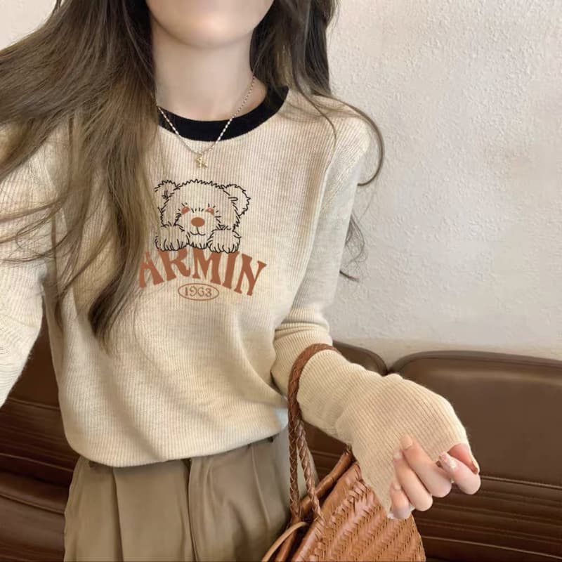 Women's Thermal Apricot Base Layer Top for Fall/Winter, Warm Crew Neck Long Sleeve Tee, Contrast Color Slim Fit Versatile Blouse
