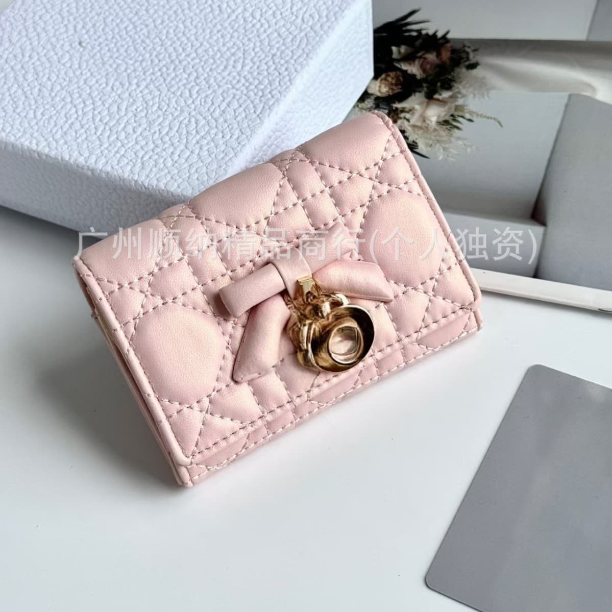 New D-House Lambskin Zip Around 2-Fold Bow Wallet European and American Style Zero Wallet Premium Multi-Card Wallet