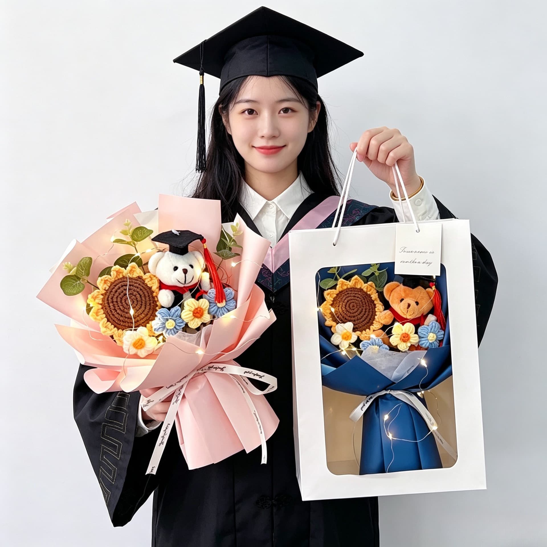 Graduation Season Gift Bear Plush Doll Sunflower Crochet Yarn Bouquet Creative Artificial Bouquet Cross-Border Hot-Selling
