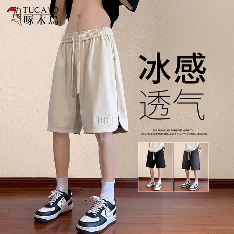 Woodpecker ice silk steel-printed shorts men's summer thin loose sports basketball five-point men's outer wear large pants