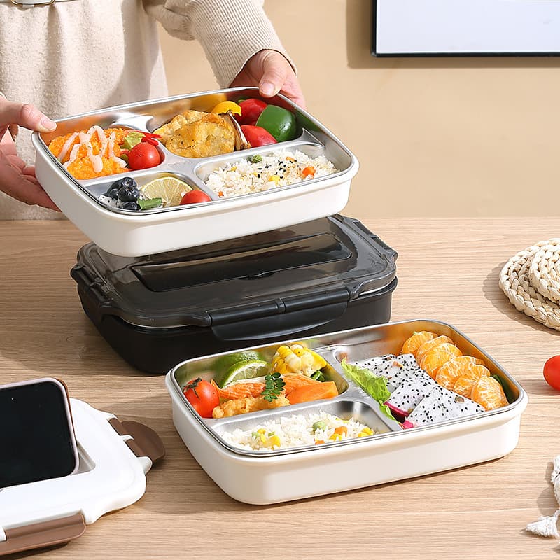 INS Internet celebrity 304 stainless steel square lunch box with cutlery four-part lunch box adult student lunch box with rice