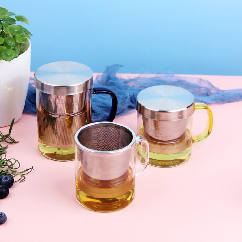 New hot and cold glass tea cup stainless steel filter liner tea cup office colorful flower tea cup green tea cup