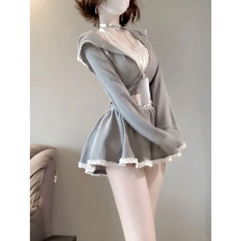 Faux Two-Piece Lace Hoodie Sweatshirt Jacket for Women 2025 New Early Autumn High-Waist Anti-Exposure Half Skirt Two-Piece Set