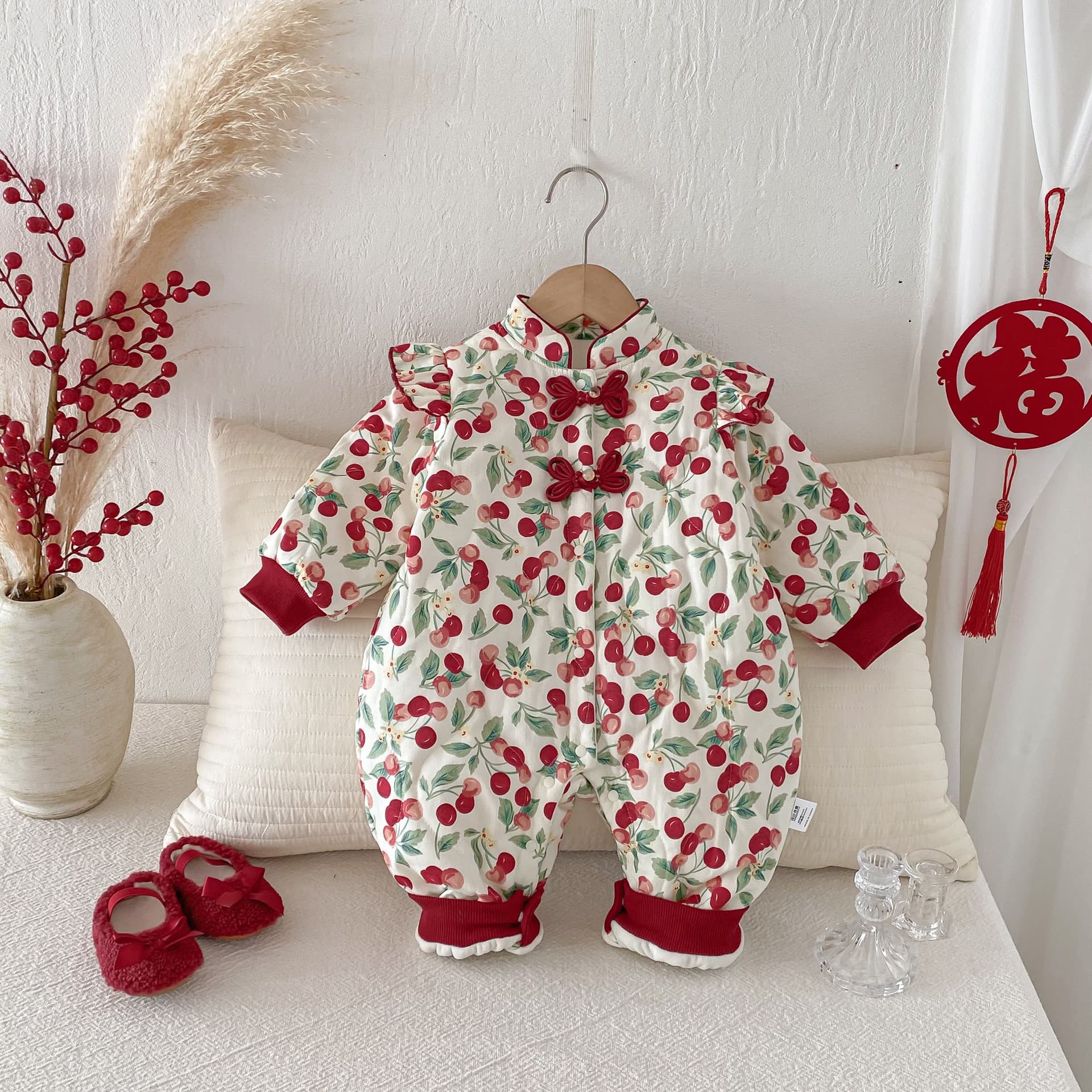 25 baby clothes jumpsuit autumn and winter festive cherry quilted thickened baby girl crawling clothes warm cotton clothes New Year's clothing