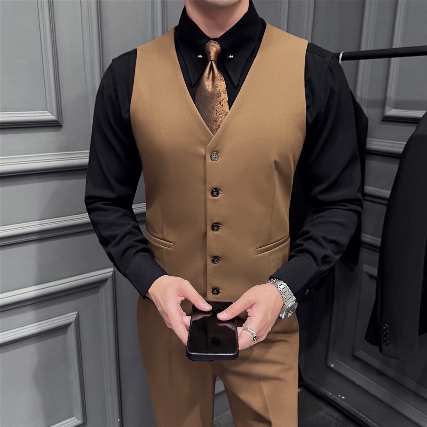 Men's wholesale autumn and winter vest and trousers two-piece set high quality business sleeves slim large size casual men's suit vest