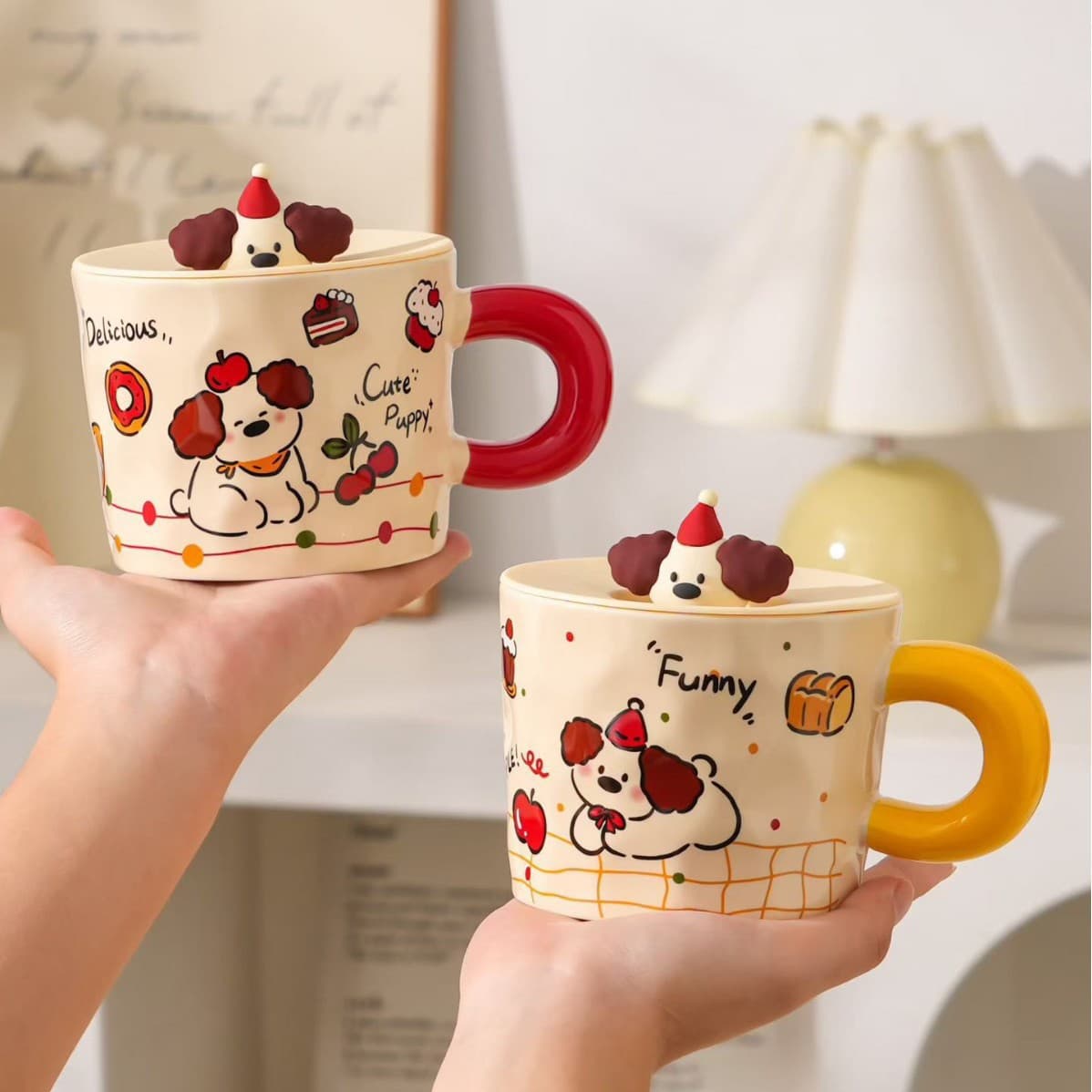 Cute Cartoon Puppy Mug with Lid, High Appearance Female Water Cup, Souvenir Ceramic Cup, Couple Mug for Home Use