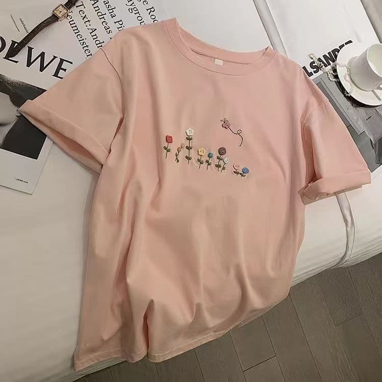 Gray Short-Sleeved Inst Shirt for Women Summer New Korean Style Loose Casual Foreign Style Fresh Printed Cotton T-Shirt Top
