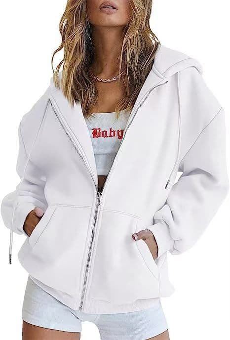 Cross-border Amazon Independent Station Autumn Winter Fleece Hooded Cardigan Sweatshirt Solid Color Zip-up Sports Top White