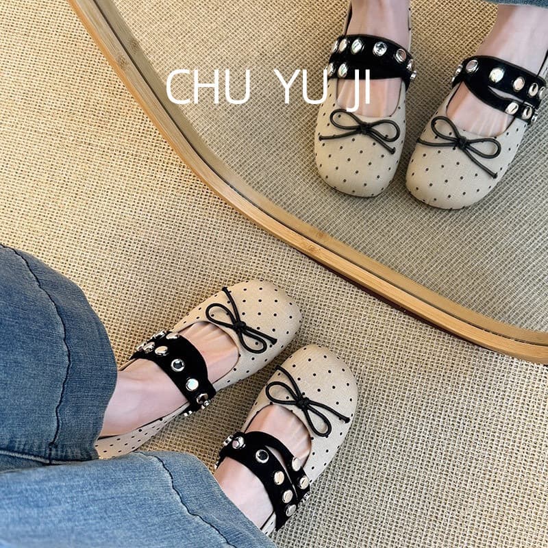First Encounter with the French Retro Style Bow-Knot Polka Dot Mary Jane Shoes for Women, 2026 New Spring Versatile Ballet Flats