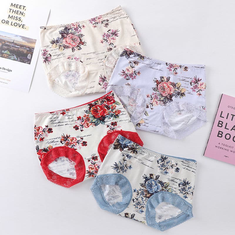 High-Waist Women's Underwear Printed Sexy Lace Trim Graphene Antibacterial Triangle Panties
