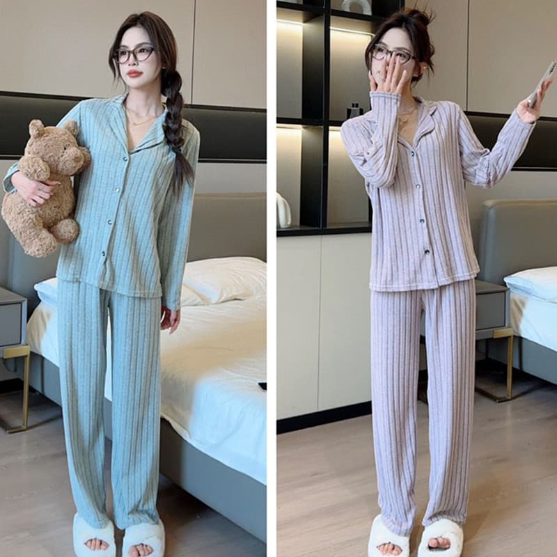 Simple Brushed Stripe Loungewear Set for Women, Autumn and Winter Thin Home Leisure Suit, Skin-Friendly and Comfortable Pajama Set
