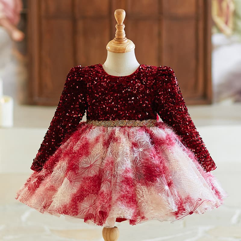 Girls one-year-old evening dress light luxury niche spring children's host piano playing princess dress red New Year's greetings dress