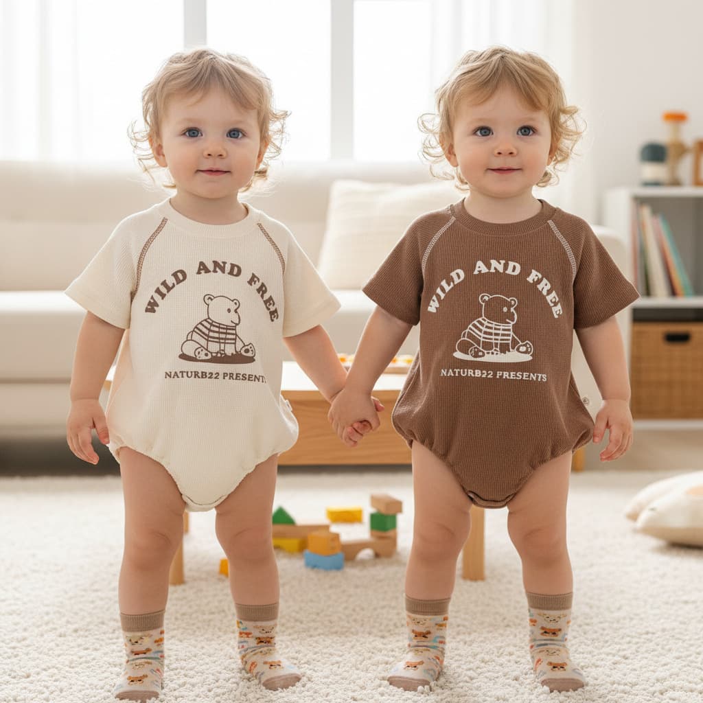 Spring/Summer New 2026 Korean Style INS Hot Trend Letter Print Short Sleeve Bodysuit with Bear Design, Comfortable for Baby Boys and Girls Outing