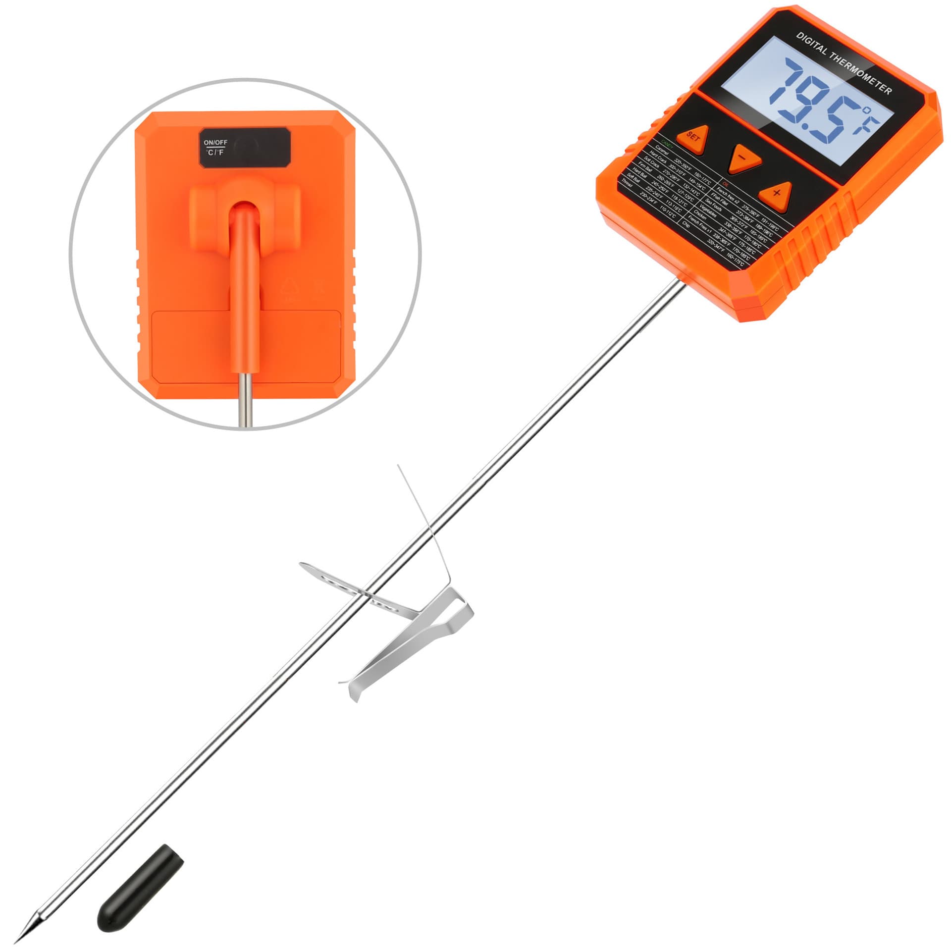 Long probe food thermometer with stainless steel clip for candy, frying, barbecue meat temperature measurement
