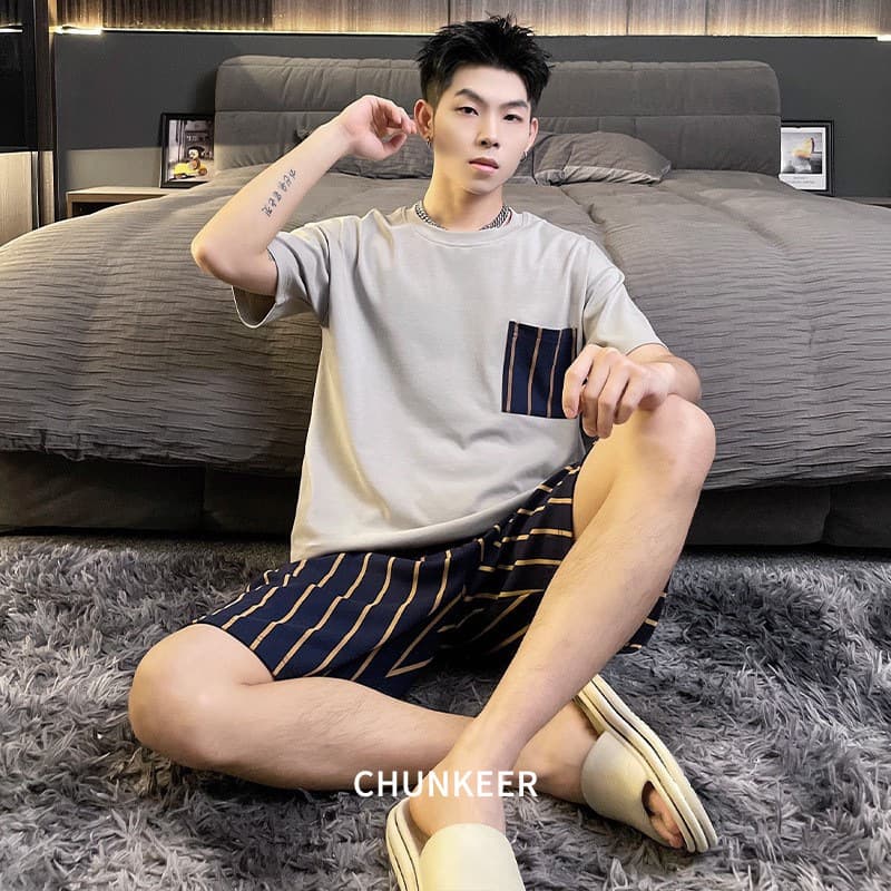 Men's Cotton Casual Sleepwear Set - Thin Round Neck Short Sleeve T-Shirt and Shorts, Lightweight Sporty Style for Teens and Adults