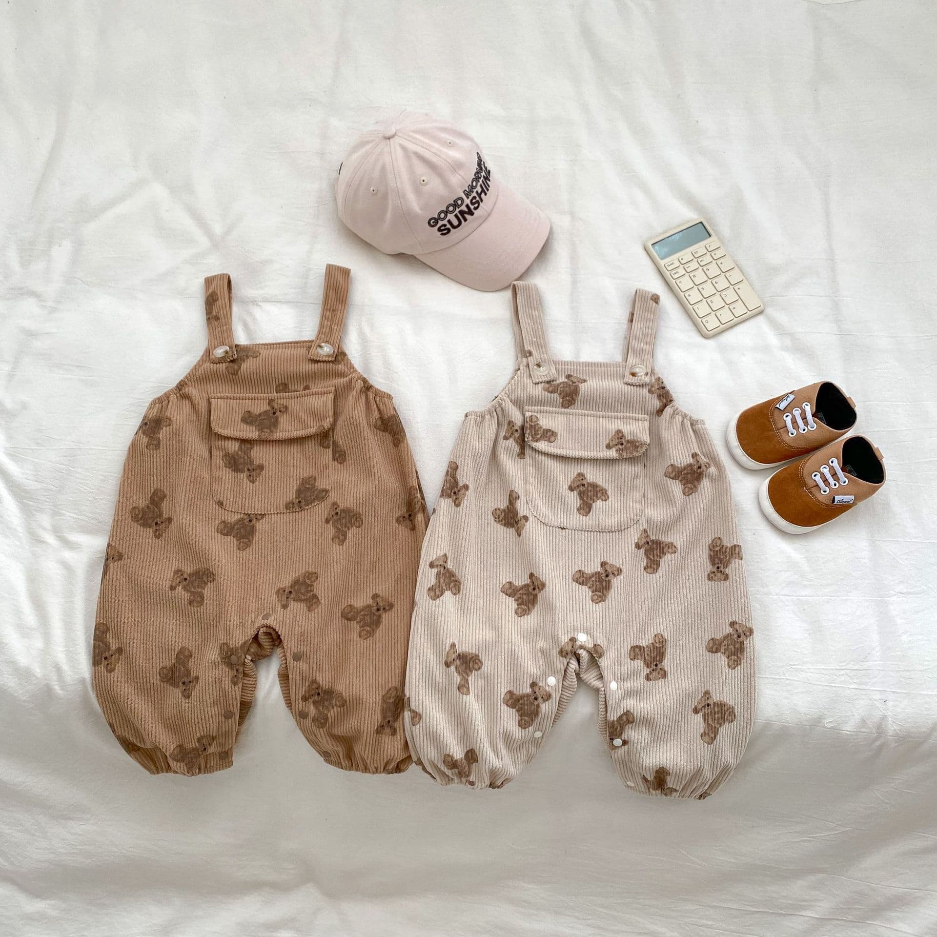 Autumn Baby Clothes Bear Print Strap Romper Long Sleeve Bodysuit Two-Piece Set Versatile Crawling Suit Set