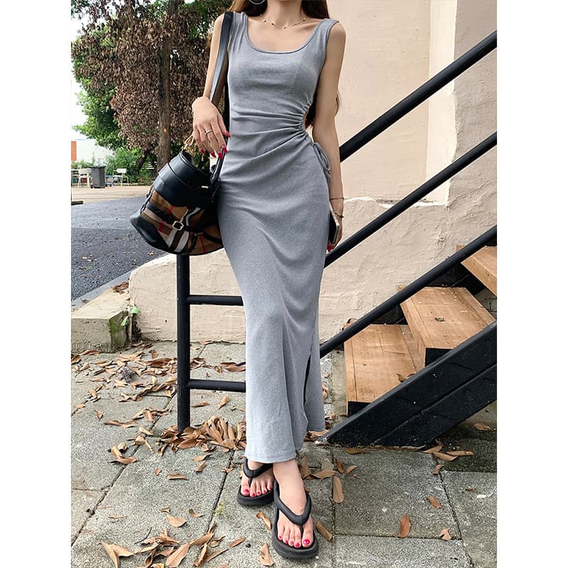 Real shot - Dark Phantom 2025 Waistless Vest Dress Knitted Little Black Skirt Waist Slit Long Skirt Summer Women