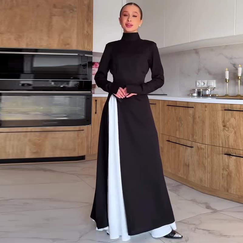 2026 Amazon Cross-Border Foreign Trade European and American Women's Clothing New Fashion Style High-Neck Side Slit Long-Sleeve Dress Set