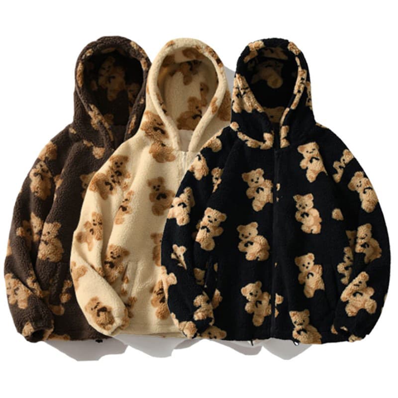 Autumn and winter women's hooded thickened casual sweatshirt cartoon bear zipper pocket plush sweatshirt for women in stock