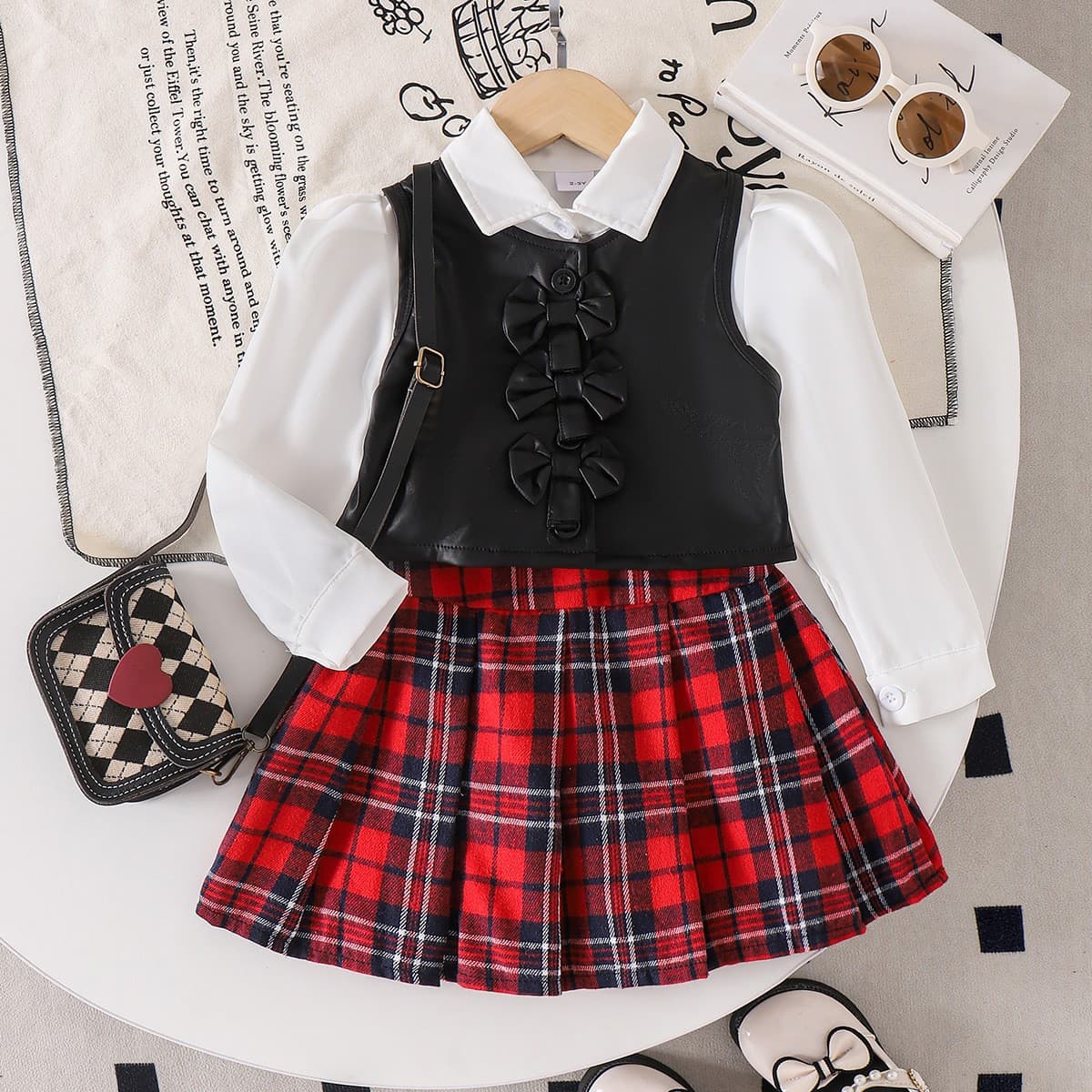 Cross-Border European American Autumn New Girls' Kids' White Shirt Black Vest Red Plaid Skirt Set Wholesale