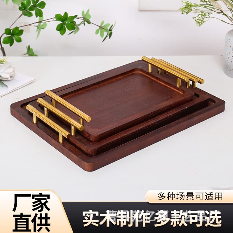 Light Luxury Vintage Wooden Tea Tray, Rectangular Serving Tray for Breakfast, Pastries, BBQ, and Food Carrying with Handle