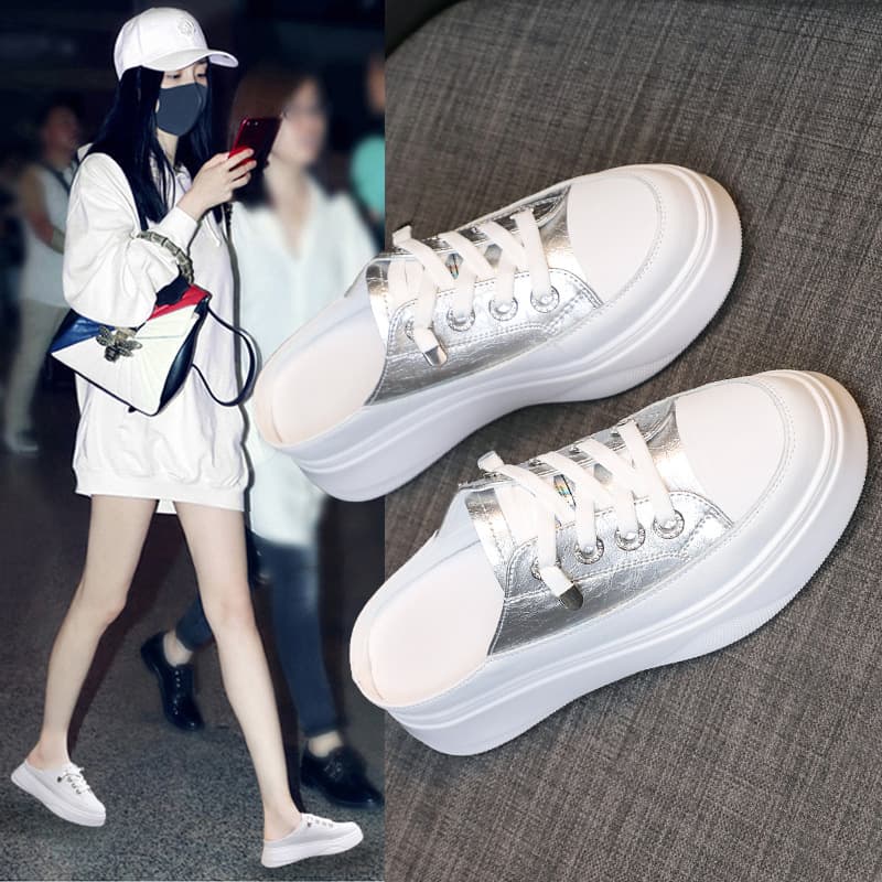 Half-back White Sneakers Women 2023 New Summer Backless Lazy Shoes Slip-on Fashion Breathable Closed-Toe Semi-Slippers