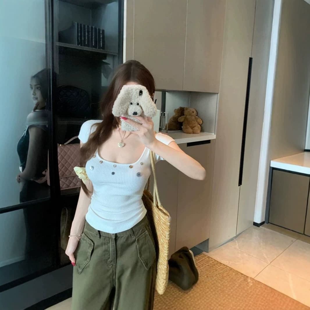 American Trendy Design High-End Button Square Neck Short Sleeve Knit Top for Women Summer New Slim Fit T-Shirt