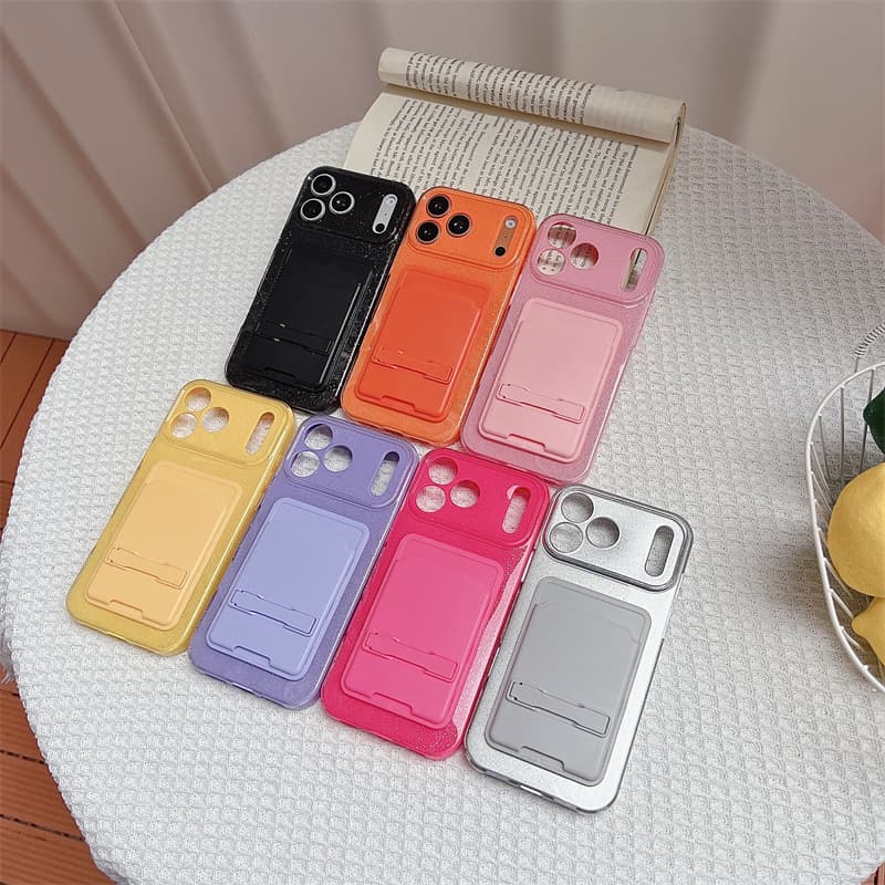 Card Holder Stand Glitter Case for iPhone 17 Pro Max, Anti-Drop, 11, Apple 16 Plus, Jelly 15