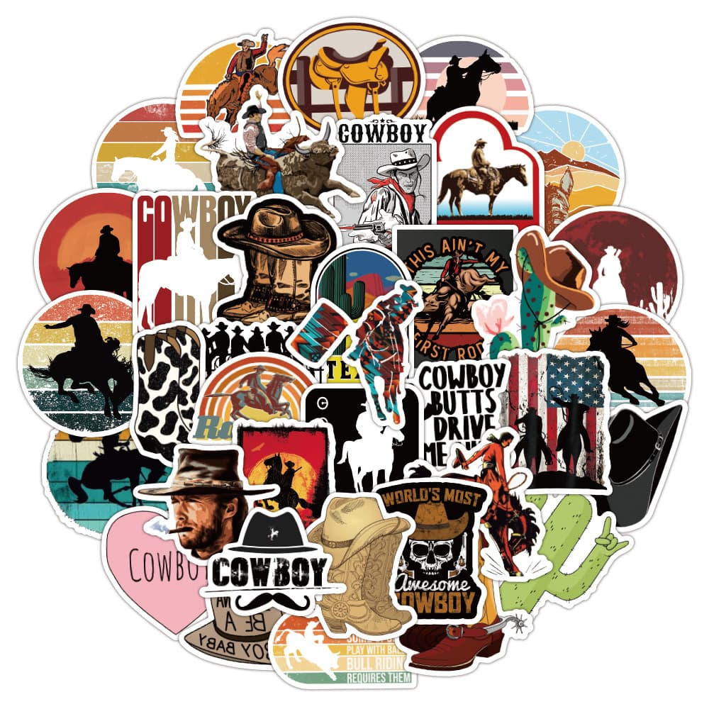 50pcs Western Cowboy Creative Stickers for Art Stationery, Notebook, Luggage, Motorcycle, PVC Waterproof Decorative Stickers
