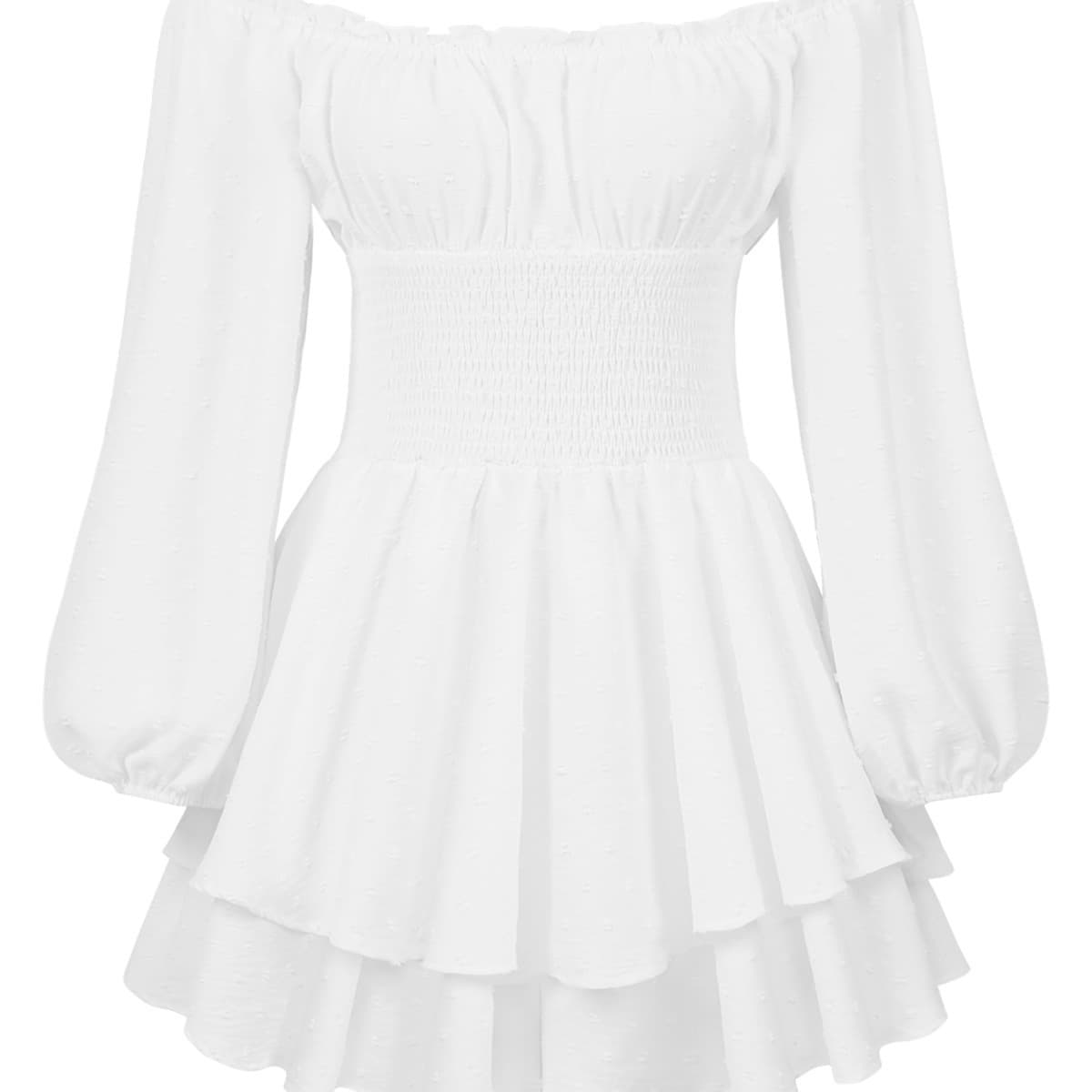 Women's Jumpsuit with Elegant Ruffled Off-Shoulder Long Sleeves, Casual Double-Layer Ruffle Hem French Shorts
