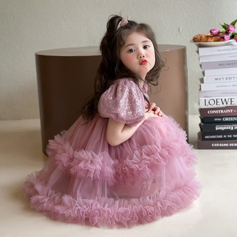 Puff Sleeve Dress Summer 2026 New Kids Sequin Princess Tulle Dress Baby Summer Outfit Short Sleeve
